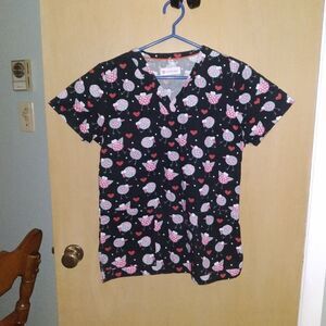 🎀White Cross Love Birds Valentines Day  Nurse Scrub Top Size XS